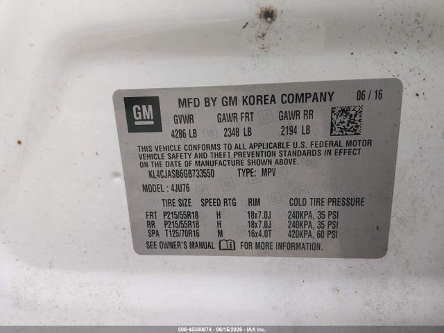 Aukcja sprzedaży 2016 Buick Encore, vin: KL4CJASB6GB733550, numer aukcji: 45380874