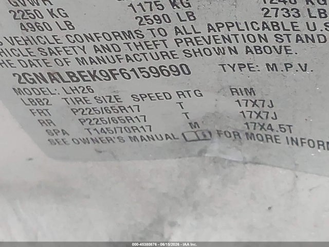 Chevrolet EQUINOX LT 2015 2GNALBEK9F6159690 Image 9