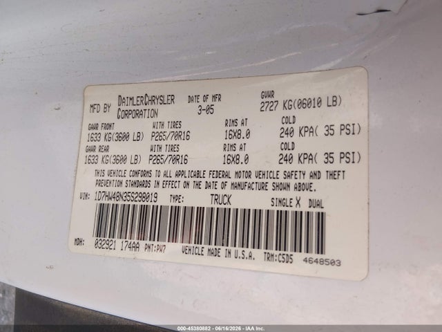 45380882 :رقم المزاد ، 1D7HW48N35S298019 vin ، 2005 Dodge Dakota Slt مزاد بيع