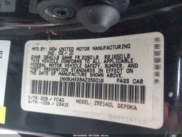 45380889 :رقم المزاد ، 1NXBU4EE8AZ356016 vin ، 2010 Toyota Corolla Le مزاد بيع