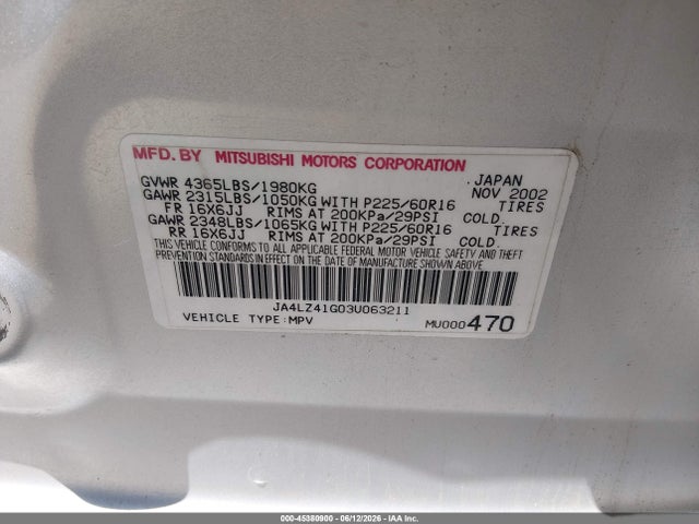 45380900 :رقم المزاد ، JA4LZ41G03U063211 vin ، 2003 Mitsubishi Outlander Xls مزاد بيع