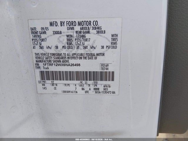 Aukcja sprzedaży 2006 Ford F-150 Stx/xl/xlt, vin: 1FTRF12WX6NA26498, numer aukcji: 45380903