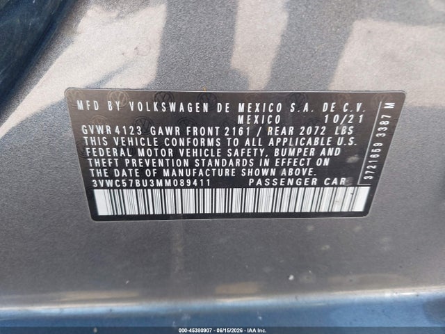 Aukcja sprzedaży 2021 Volkswagen Jetta 1.4t R-line/1.4t S/1.4t Se, vin: 3VWC57BU3MM089411, numer aukcji: 45380907