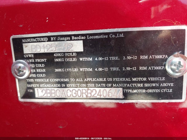 Продажа на аукционе авто 2024 Jiangsu Baodiao 0050cc, vin: L2BBCACG0RB240644, номер лота: 45380914