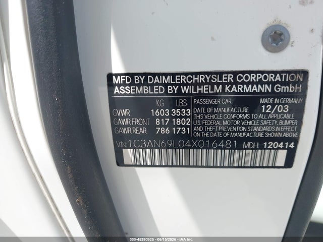 45380925 :رقم المزاد ، 1C3AN69L04X016481 vin ، 2004 Chrysler Crossfire مزاد بيع