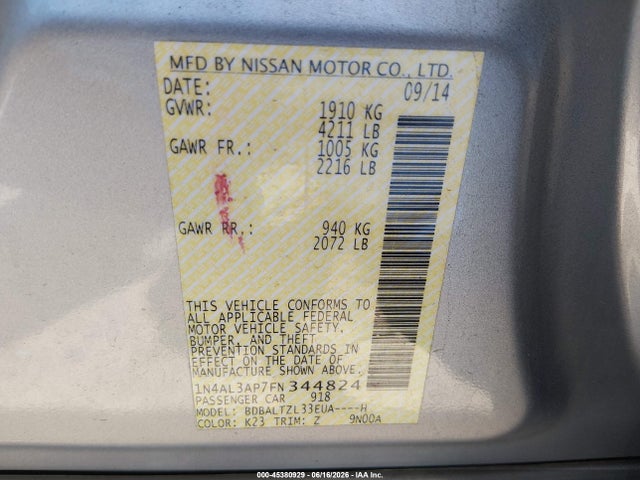 2015 Nissan Altima 2.5 Sl მანქანა იყიდება აუქციონზე, vin: 1N4AL3AP7FN344824, აუქციონის ნომერი: 45380929