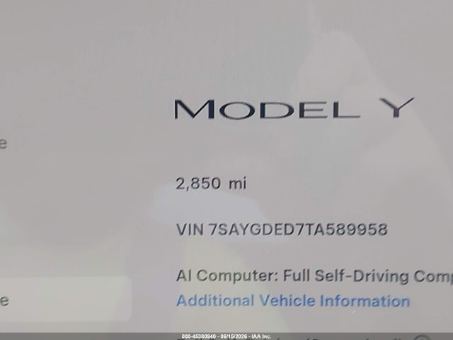 Aukcja sprzedaży 2026 Tesla Model Y Premium Rear-wheel Drive/rear-wheel Drive, vin: 7SAYGDED7TA589958, numer aukcji: 45380940