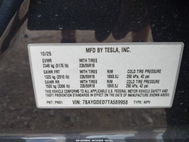 Aukcja sprzedaży 2026 Tesla Model Y Premium Rear-wheel Drive/rear-wheel Drive, vin: 7SAYGDED7TA589958, numer aukcji: 45380940