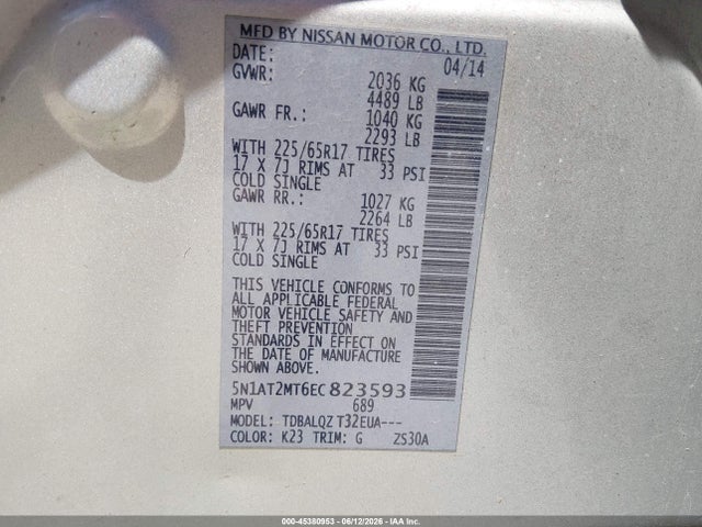 Aukcja sprzedaży 2014 Nissan Rogue Sv, vin: 5N1AT2MT6EC823593, numer aukcji: 45380953
