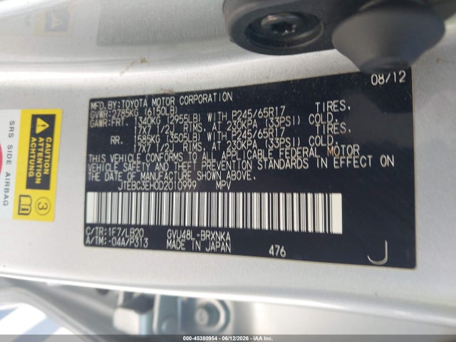 Aukcja sprzedaży 2013 Toyota Highlander Hybrid Base V6, vin: JTEBC3EH0D2010999, numer aukcji: 45380954