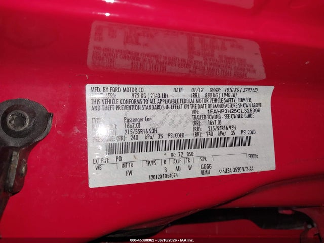 2012 Ford Focus Sel მანქანა იყიდება აუქციონზე, vin: 1FAHP3H25CL325306, აუქციონის ნომერი: 45380962