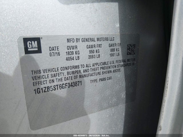 Продаж на аукціоні авто 2016 Chevrolet Malibu Ls, vin: 1G1ZB5ST6GF343871, номер лоту: 45380973