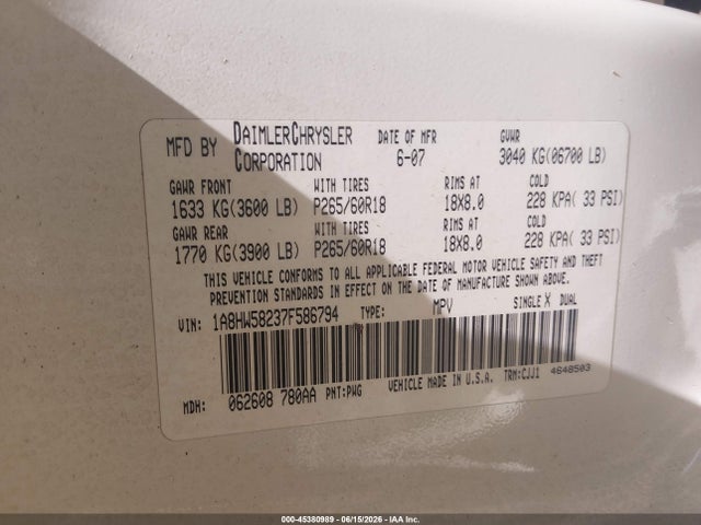 45380989 :رقم المزاد ، 1A8HW58237F586794 vin ، 2007 Chrysler Aspen Limited مزاد بيع