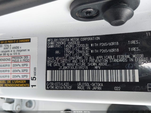 Aukcja sprzedaży 2018 Lexus Gx 460, vin: JTJBM7FXXJ5189218, numer aukcji: 45380992