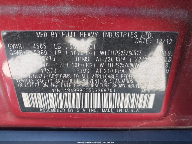 Aukcja sprzedaży 2013 Subaru Outback 2.5i Premium, vin: 4S4BRBGC5D3268701, numer aukcji: 45380996