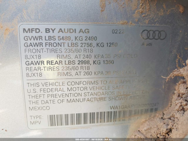 2022 Audi Q5 Premium 45 Tfsi S Line Quattro S Tronic მანქანა იყიდება აუქციონზე, vin: WA1GAAFY2N2070247, აუქციონის ნომერი: 45381007