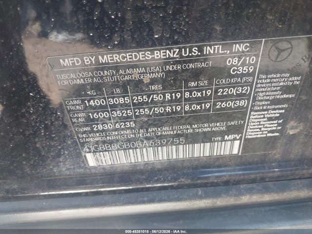 Aukcja sprzedaży 2011 Mercedes-benz Ml 350 4matic, vin: 4JGBB8GB0BA639755, numer aukcji: 45381018