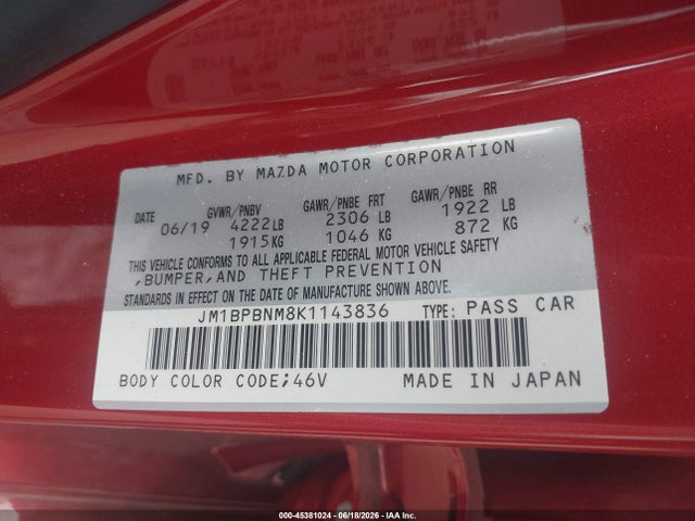 Продаж на аукціоні авто 2019 Mazda Mazda3 Premium Package, vin: JM1BPBNM8K1143836, номер лоту: 45381024