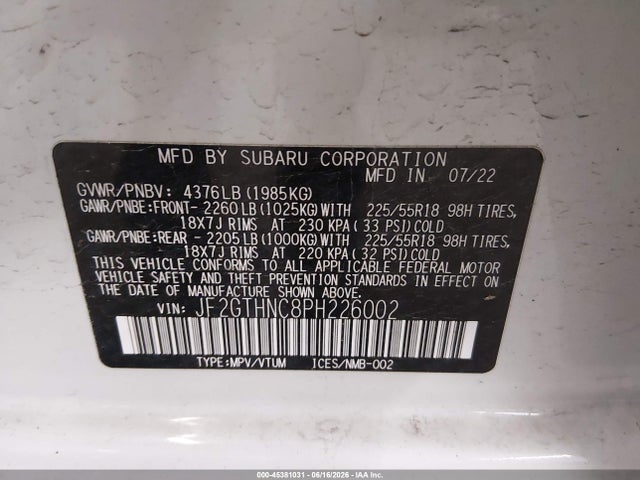 2023 Subaru Crosstrek Limited მანქანა იყიდება აუქციონზე, vin: JF2GTHNC8PH226002, აუქციონის ნომერი: 45381031