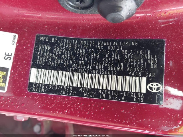 Auction sale of the 2024 Toyota Corolla Le, vin: 5YFB4MDE2RP150012, lot number: 45381045