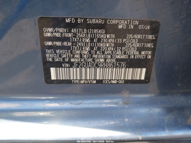 Auction sale of the 2024 Subaru Crosstrek Premium, vin: JF2GUADC9RH861576, lot number: 45381052