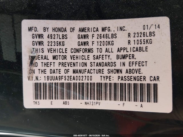 2014 Acura Tl 3.7 მანქანა იყიდება აუქციონზე, vin: 19UUA9F52EA002700, აუქციონის ნომერი: 45381077