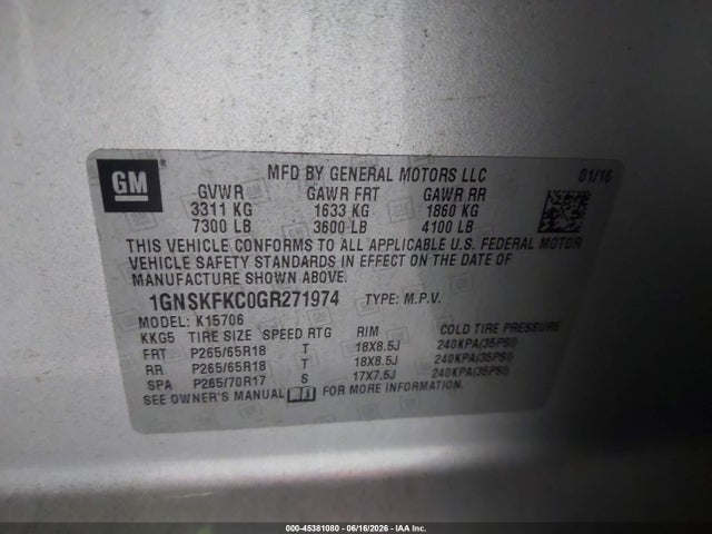 45381080 :رقم المزاد ، 1GNSKFKC0GR271974 vin ، 2016 Chevrolet Tahoe Commercial Fleet مزاد بيع
