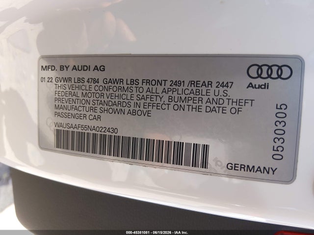 45381081 :رقم المزاد ، WAUSAAF55NA022430 vin ، 2022 Audi A5 Premium 45 Tfsi S Line Quattro S Tronic مزاد بيع