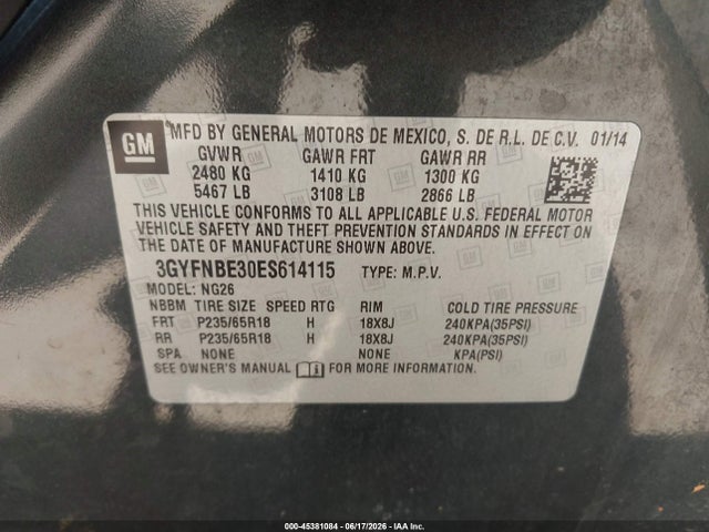 45381084 :رقم المزاد ، 3GYFNBE30ES614115 vin ، 2014 Cadillac Srx Luxury Collection مزاد بيع