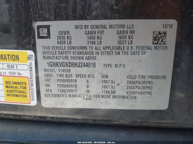 Продажа на аукционе авто 2017 Chevrolet Traverse 1lt, vin: 1GNKVGKD8HJ244916, номер лота: 45381092