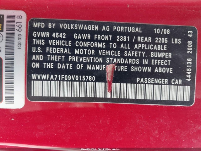 Продаж на аукціоні авто 2009 Volkswagen Eos Lux, vin: WVWFA71F09V015780, номер лоту: 45381095