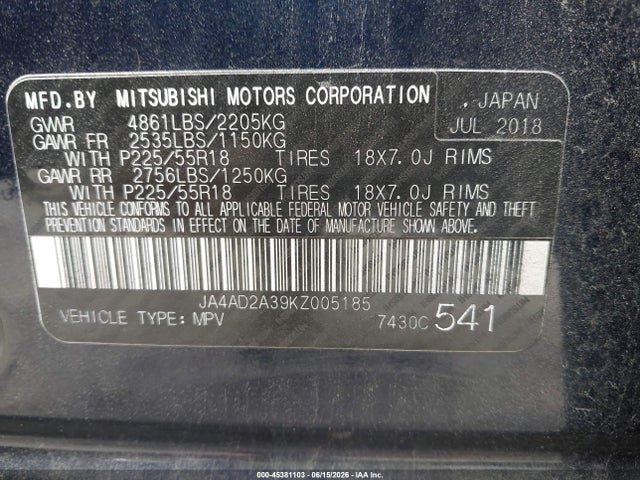 Продаж на аукціоні авто 2019 Mitsubishi Outlander Es, vin: JA4AD2A39KZ005185, номер лоту: 45381103