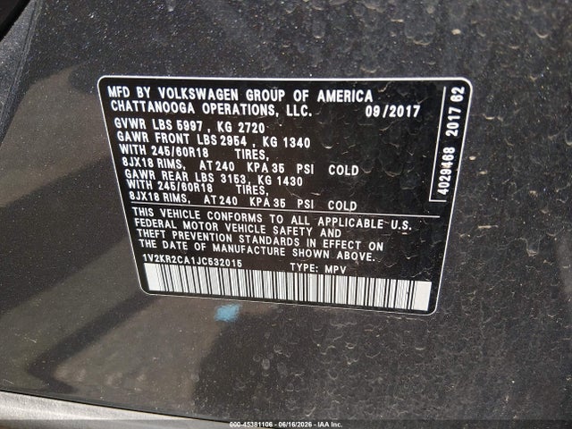 Aukcja sprzedaży 2018 Volkswagen Atlas 3.6l V6 Se, vin: 1V2KR2CA1JC532015, numer aukcji: 45381106