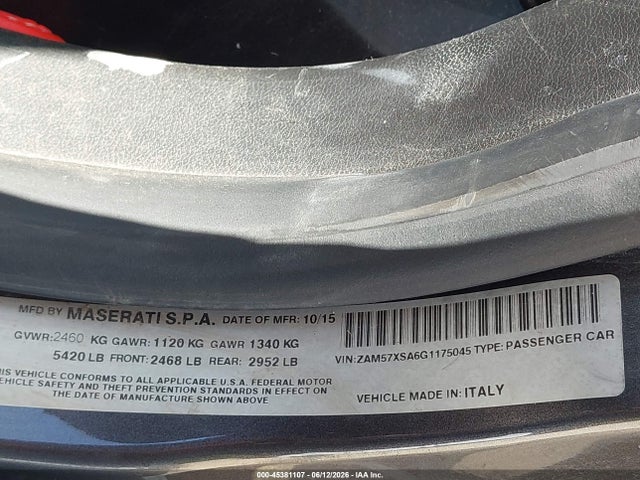 2016 Maserati Ghibli მანქანა იყიდება აუქციონზე, vin: ZAM57XSA6G1175045, აუქციონის ნომერი: 45381107