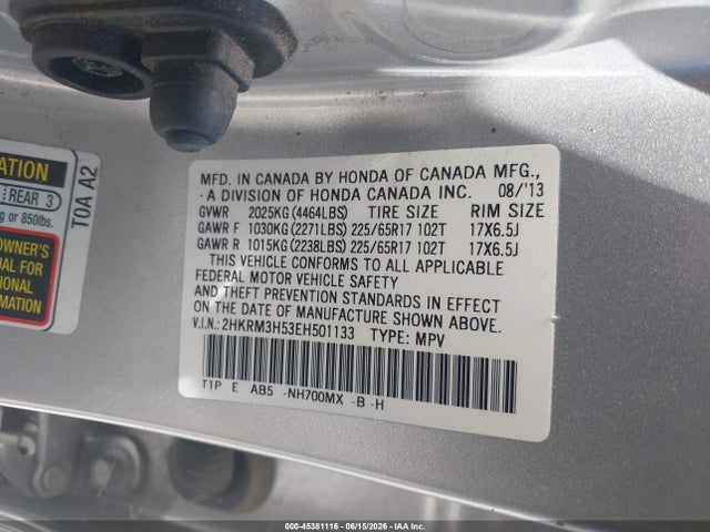 45381116 :رقم المزاد ، 2HKRM3H53EH501133 vin ، 2014 Honda Cr-v Ex مزاد بيع