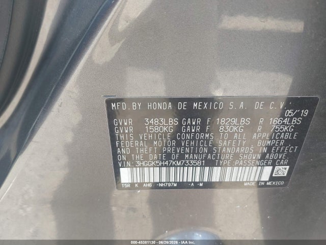 45381130 :رقم المزاد ، 3HGGK5H47KM733581 vin ، 2019 Honda Fit Lx مزاد بيع