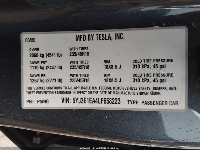 45381131 :رقم المزاد ، 5YJ3E1EA4LF658223 vin ، 2020 Tesla Model 3 Standard Range Plus Rear-wheel Drive/standard Range Rear-wheel Drive مزاد بيع