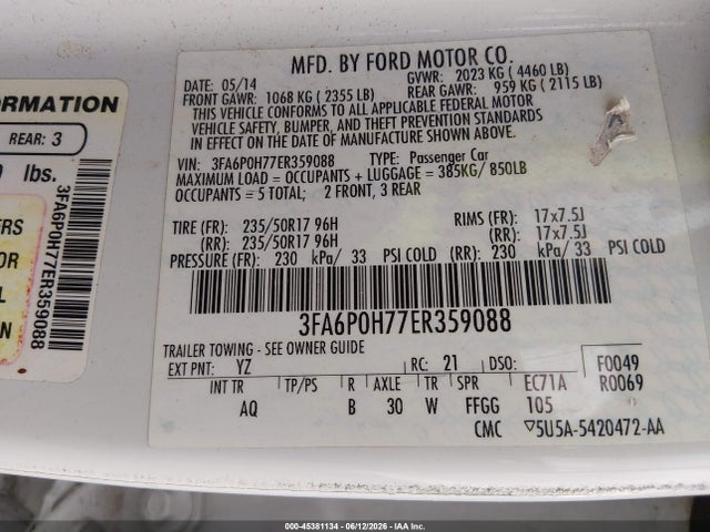 Aukcja sprzedaży 2014 Ford Fusion Se, vin: 3FA6P0H77ER359088, numer aukcji: 45381134