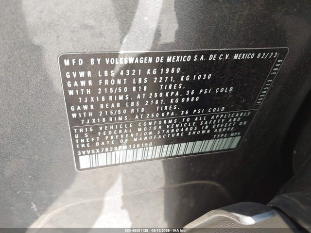 2023 Volkswagen Taos 1.5t Se მანქანა იყიდება აუქციონზე, vin: 3VVSX7B28PM336158, აუქციონის ნომერი: 45381139