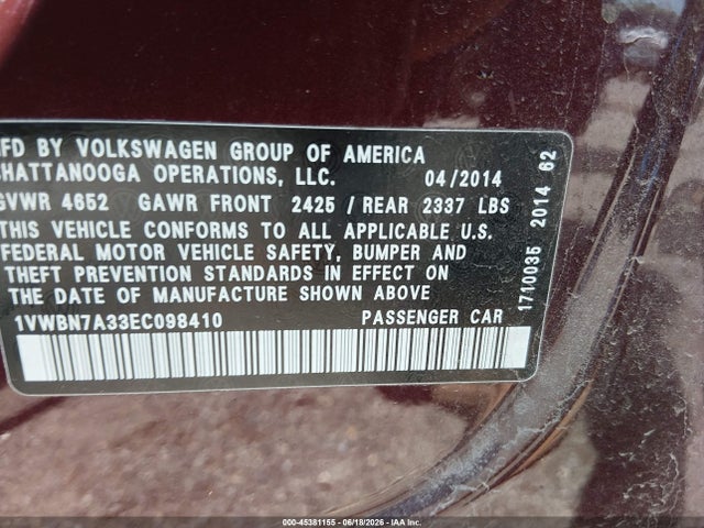 Продаж на аукціоні авто 2014 Volkswagen Passat 2.0l Tdi Se, vin: 1VWBN7A33EC098410, номер лоту: 45381155
