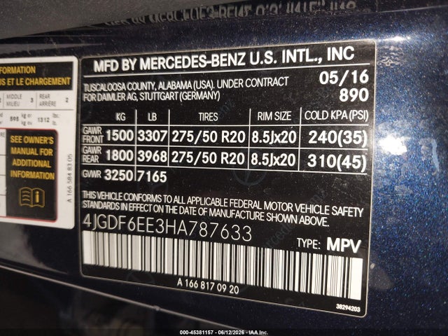 45381157 :رقم المزاد ، 4JGDF6EE3HA787633 vin ، 2017 Mercedes-benz Gls 450 4matic مزاد بيع