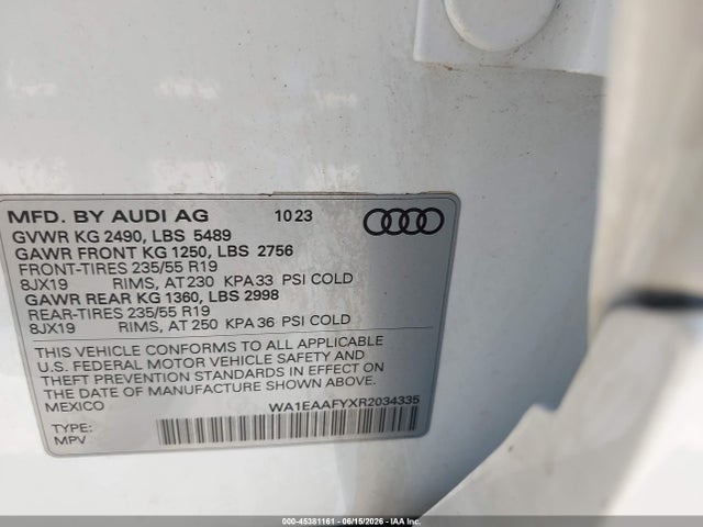 Продажа на аукционе авто 2024 Audi Q5 Premium Plus 45 Tfsi S Line Quattro, vin: WA1EAAFYXR2034335, номер лота: 45381161
