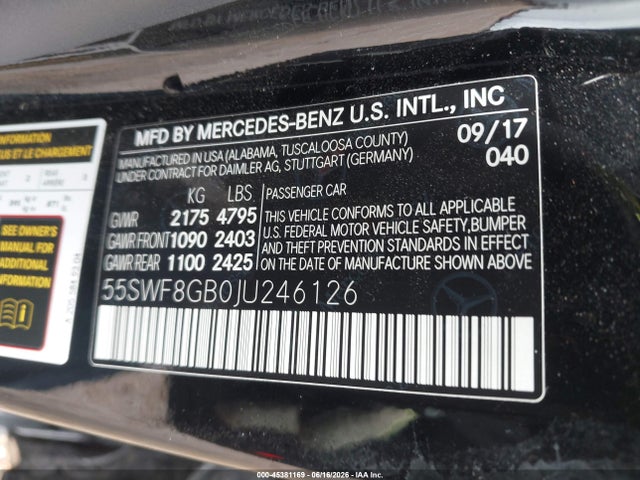 2018 Mercedes-benz Amg C 63 მანქანა იყიდება აუქციონზე, vin: 55SWF8GB0JU246126, აუქციონის ნომერი: 45381169