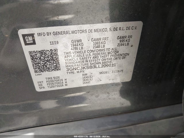 3GNCJKSB3LL209011 Chevrolet Trax Fwd Ls