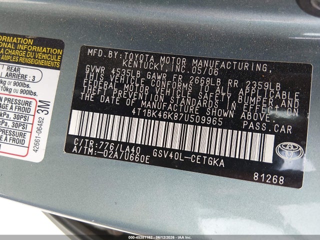 Продаж на аукціоні авто 2007 Toyota Camry Xle V6, vin: 4T1BK46K87U509965, номер лоту: 45381182
