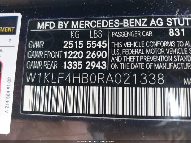2024 Mercedes-benz E 350 მანქანა იყიდება აუქციონზე, vin: W1KLF4HB0RA021338, აუქციონის ნომერი: 45381192