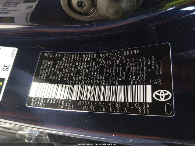Auction sale of the 2026 Toyota Corolla Le, vin: 5YFB4MDE8TP363716, lot number: 45381200