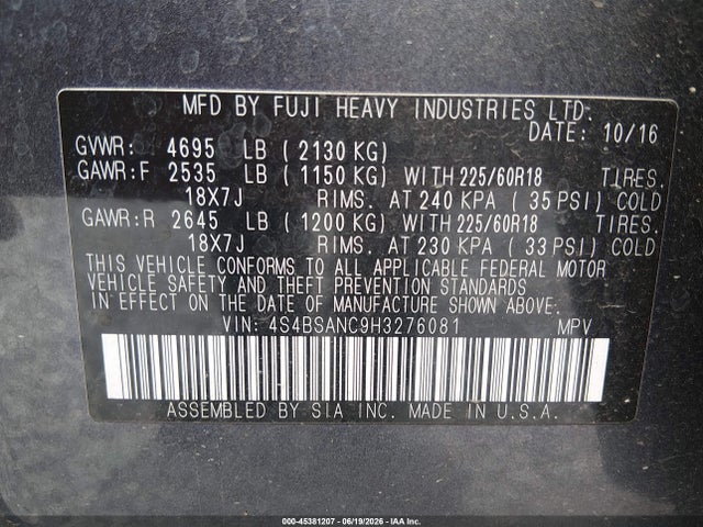 Subaru Outback 2.5i Limited 2017 4S4BSANC9H3276081 Image 9