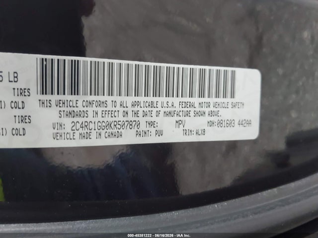 45381222 :رقم المزاد ، 2C4RC1GG0KR507870 vin ، 2019 Chrysler Pacifica Limited مزاد بيع