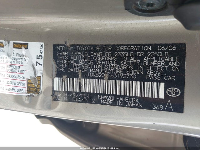Aukcja sprzedaży 2006 Toyota Prius, vin: JTDKB20U663192730, numer aukcji: 45381238